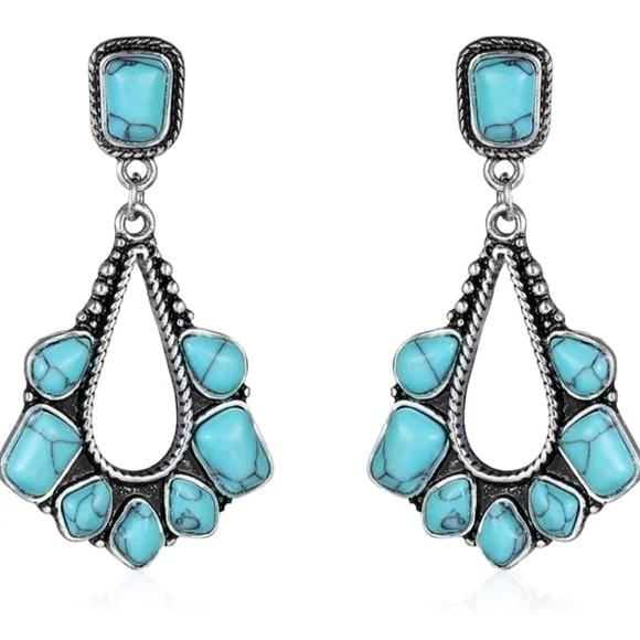 Bohemian Earrings Silver Plated 2" Turquoise Western Jewelry - Picture 5 of 8